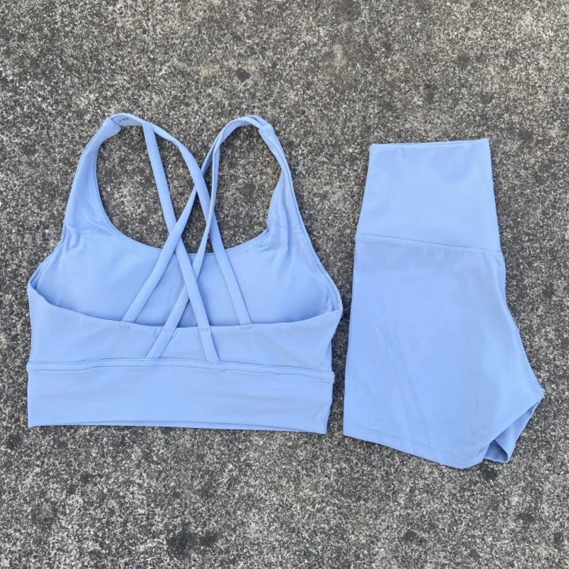Yoga Clothes Set 2 Piece Gym Sports Shorts Set Women Cross Back Bra Top High Waist Shorts Fitness Suit Running Workout Tracksuit