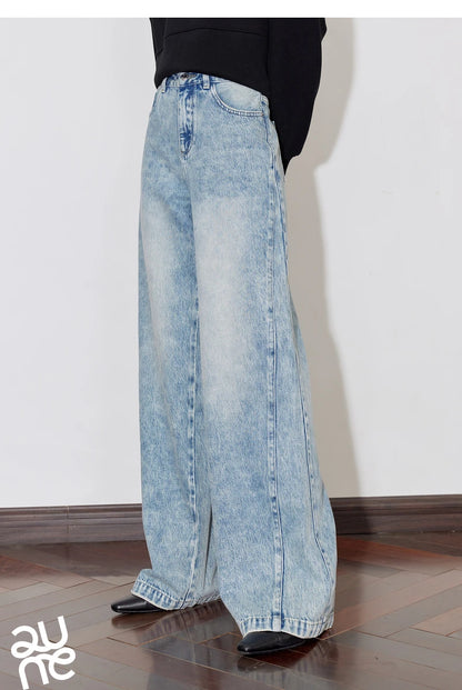 TOYOUTH Women Denim Jeans 2024 Autumn Winter New Mide Waist Straight Wide Leg Long Pants