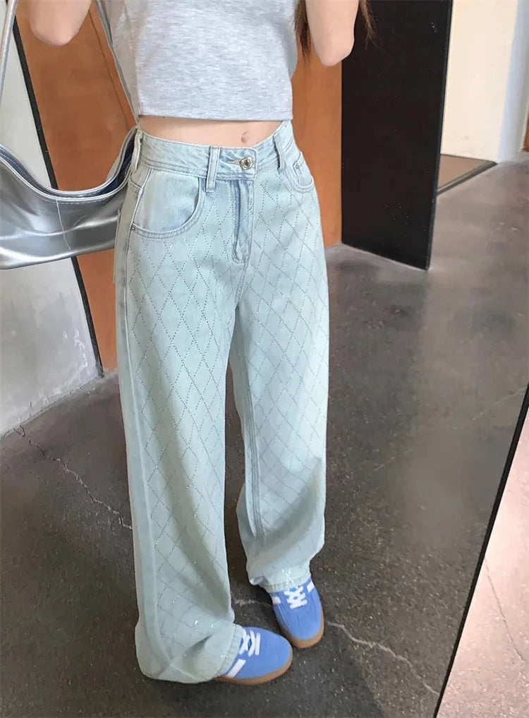 Fashion Women's Jeans High Waist One Side Plaid Shape Diamonds Wide Leg Denim Pants 2025 New Classic Straight Trousers