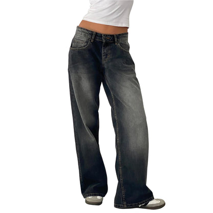 Women's versatile jeans, aesthetic solid color low rise zipper button trousers with pockets for everyday street wear