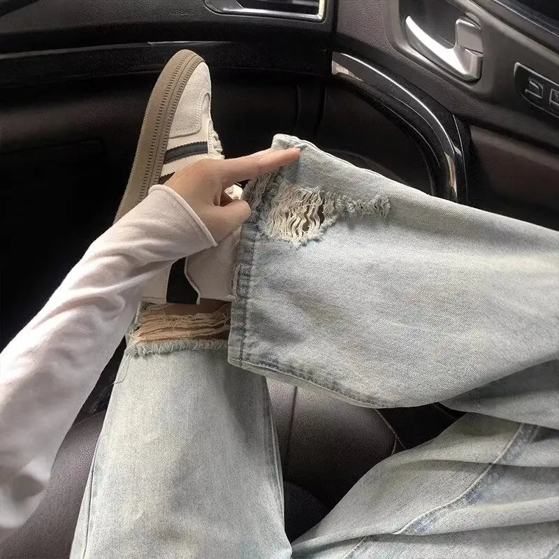 American high street old ripped large size jeans for women in summer design high waist slimming wide-leg trousers