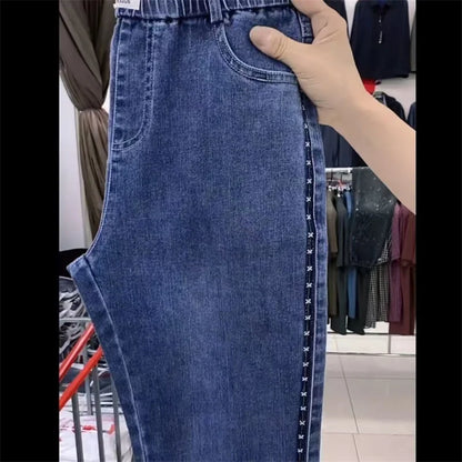 Fashion Women Jeans 2025 New Spring Autumn Korean Wild Elastic Waist Straight Denim Pants Female Trousers Female