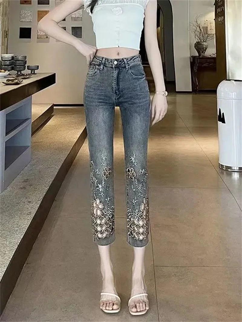 2025 Summer New Fashion Hollow Embroidered Jeans For Women Heavy Industry High Waist Slim Ankle-Length Pants Ladies Denim Pants
