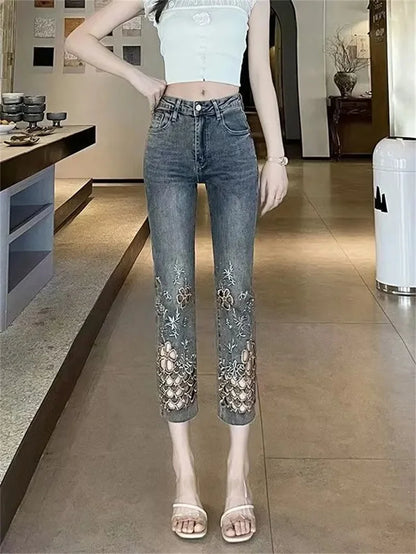 2025 Summer New Fashion Hollow Embroidered Jeans For Women Heavy Industry High Waist Slim Ankle-Length Pants Ladies Denim Pants