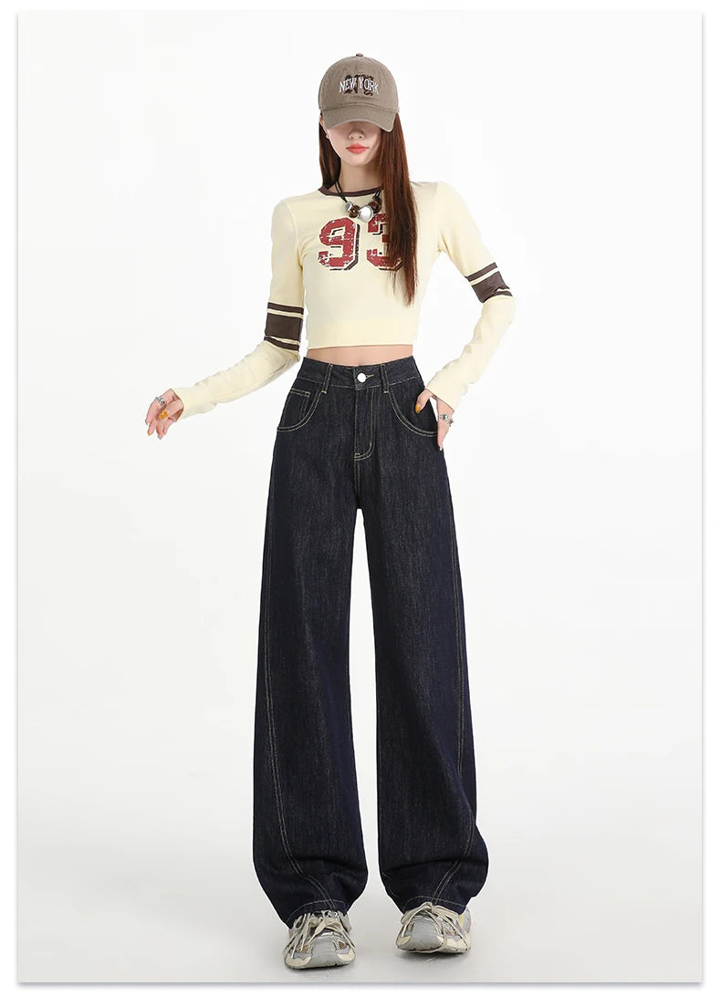 Woman Jeans High Waist Wide Leg Cotton Denim Clothing Design Sense Straight Pant Fashion Comfort White Retro Blue Casual Trouser