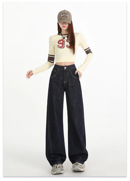 Woman Jeans High Waist Wide Leg Cotton Denim Clothing Design Sense Straight Pant Fashion Comfort White Retro Blue Casual Trouser