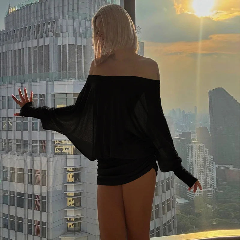 Fashion Off Shoulder Sheer Mini Dress Outfits For Women Hot Sexy Long Sleeve Ruched Party Dresses Bodycon Solid Color Robe Femme