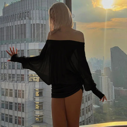 Fashion Off Shoulder Sheer Mini Dress Outfits For Women Hot Sexy Long Sleeve Ruched Party Dresses Bodycon Solid Color Robe Femme