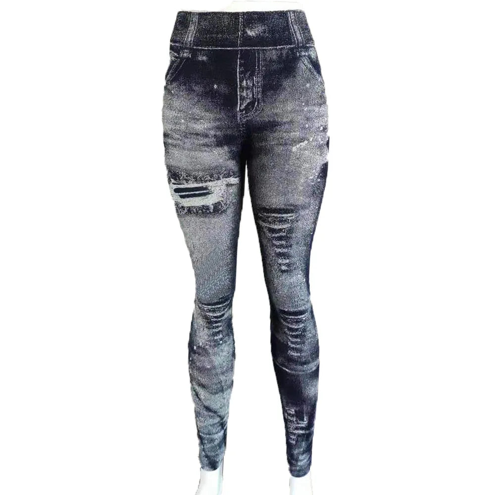 Women Imitation Distressed Denim Jeans Leggings High Waist Pants Fitness Slim Legg Mujer 2022 Sport Push Up Leggings for Women