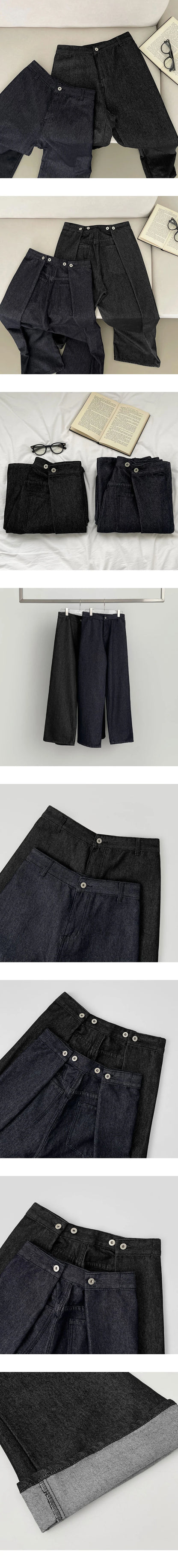 Waist Buckle Jeans Women Stylish High Waist Wide Leg BF Jeans Black Pants Loose Casual Denim Pants