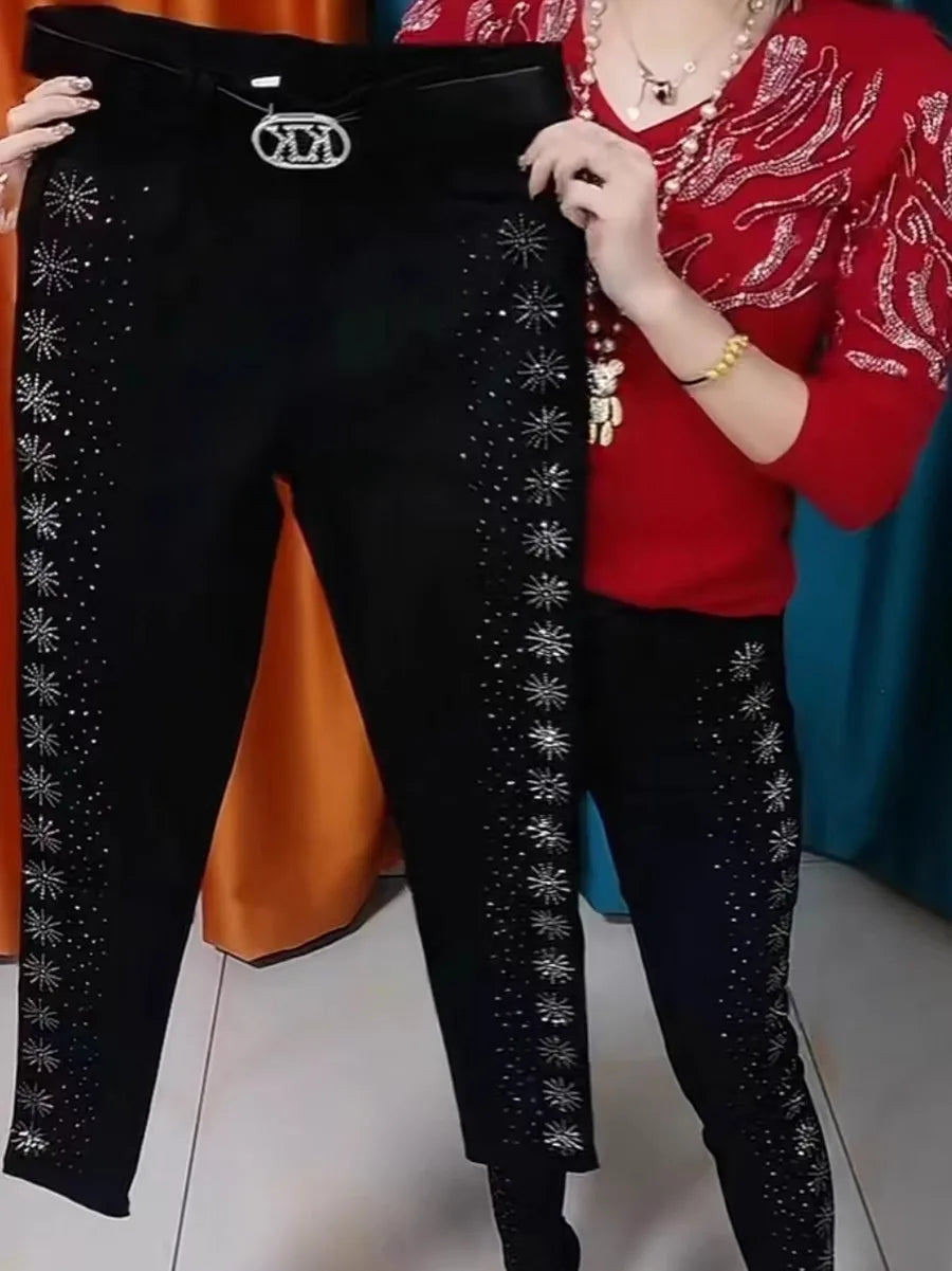 Women Jeans Autumn Spring 2025 Fashion High Waist Hot Drill Slim Cotton Elastic Denim Trousers Elegant Casual Black Pencil Pants