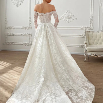 White Flowers Embroidery Lace Wedding Dresses Long Sleeves Strapless vestidos Side Slit Customized FormalEvening BridesmaidDress