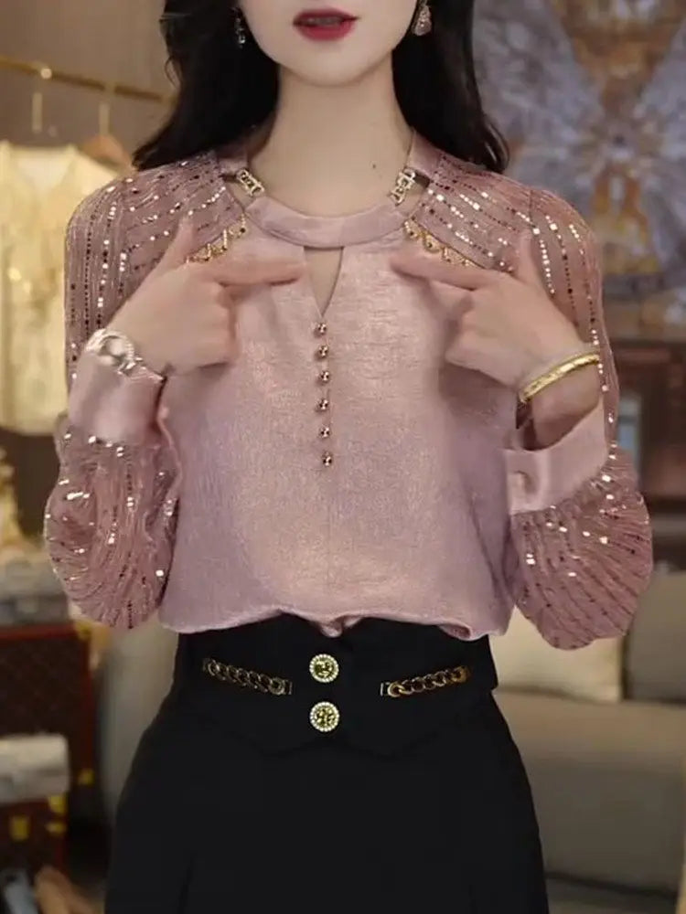 Women's High End Fashion Design with Unique and Shiny Pink Slimming and Versatile Light and Mature Top for Autumn Casual Tops
