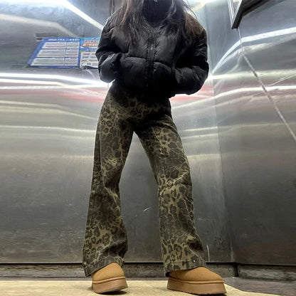 High-Waisted Leopard Print Denim Jeans for Women Retro Slim Straight Leg Trousers Vintage Y2k Hip Hop Streetwear Lady Fashion