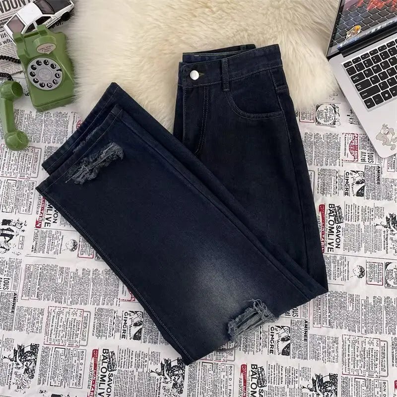High Street Trendy Ripped Wide Leg Jeans for Women in Spring and Summer New High Waist Loose Fashion Floor Pants y2k Jeans Woman