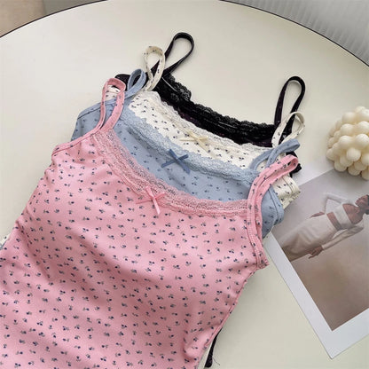 Women Floral Bow Knot Tops Summer Casual Sleeveless Ice Silk Bra Tops With Pad Sweet Lace Vest With Chest Cushion T Shirts 2024