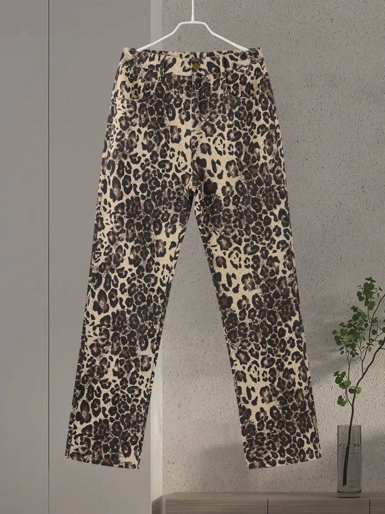 High-Waisted Leopard Print Denim Jeans for Women Retro Slim Straight Leg Trousers Vintage Y2k Hip Hop Streetwear Lady Fashion