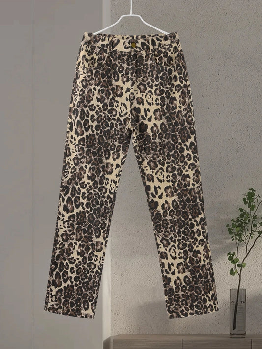 High-Waisted Leopard Print Denim Jeans for Women Retro Slim Straight Leg Trousers Vintage Y2k Hip Hop Streetwear Lady Fashion