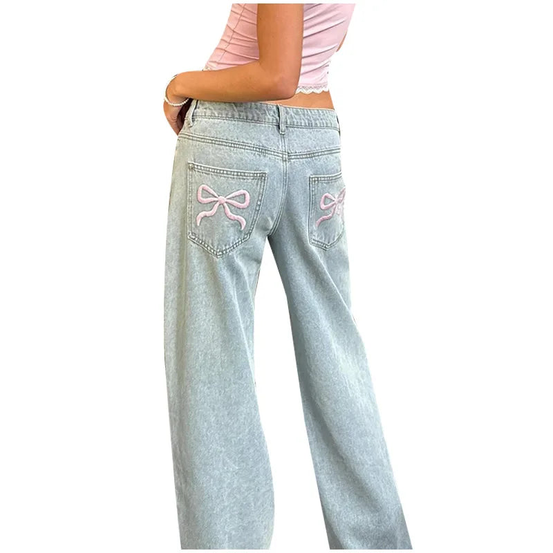 Blue Jeans for Women Pink Bow Embroidery Jeans Y2K Straight High Waist Vintage Casual Trousers Female Wide Leg Designer Pants