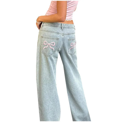 Blue Jeans for Women Pink Bow Embroidery Jeans Y2K Straight High Waist Vintage Casual Trousers Female Wide Leg Designer Pants