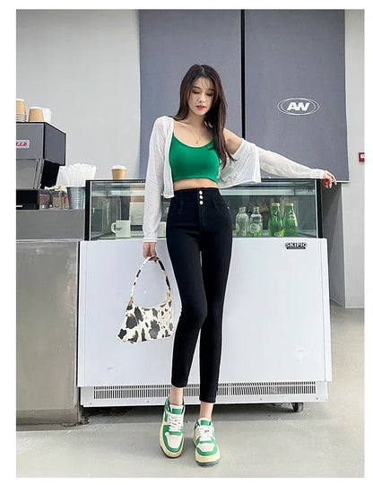 New Women's High Waist Stretch Jeans Blue Black Gray Fashionable and Versatile Multi-button Popular Slim Denim Long Pants Female