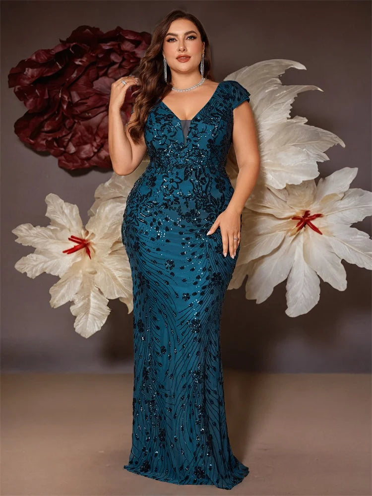 Plus Size Elegant Blue Evening Dress For Women 2024 Luxury Long Mermaid Formal Sequins V-neck Prom Wedding Party Gown