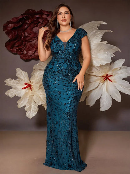 Plus Size Elegant Blue Evening Dress For Women 2024 Luxury Long Mermaid Formal Sequins V-neck Prom Wedding Party Gown