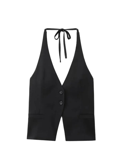 Front Button Tank Tops for Women, Tied Halter Neck, Backless, Female Camis, Sexy Fashion