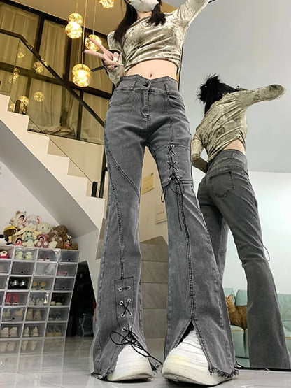 Women's Y2k Flare Jeans Baggy Trashy Aesthetic Lace-up Denim Trousers Harajuku Jean Pants Vintage Japanese 2000s Style Clothes