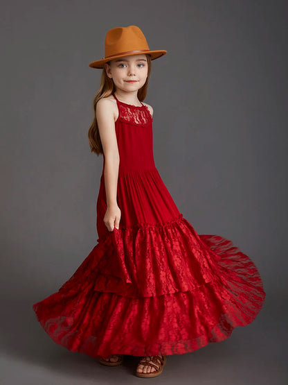 Plus Size Princess Girls Lace Long Dresses Baby Kids Flower Wedding Christmas Party Vestidos Children Clothing For 3-15 Years