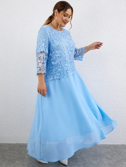 5XL Plus Size Long Dresses Women Clothing Summer Embroidery Fake Two Piece Elegant Party Dress for Wedding Guest Church Dress
