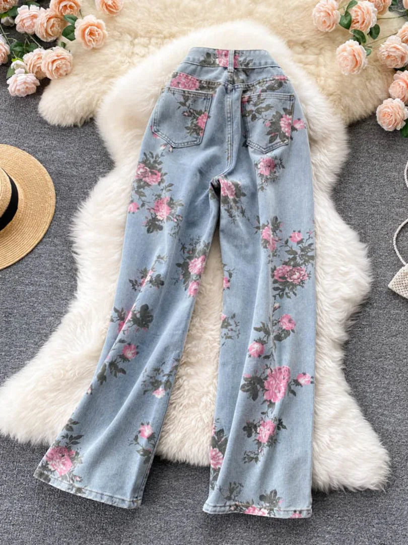 Flowers Print Jeans Women Vintage High Waist Denim Long Pants 2025 Fashion Autumn Casual Wide Leg Full Length Denim Trousers