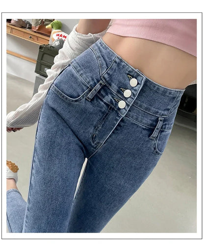 New Women's High Waist Stretch Jeans Blue Black Gray Fashionable and Versatile Multi-button Popular Slim Denim Long Pants Female