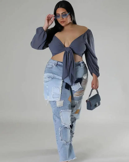 Women Streetwear Cargo Straight Denim Pocket Patchwork Wide Leg Jeans Pants Fall Fashion Ripped Out Party Trousers