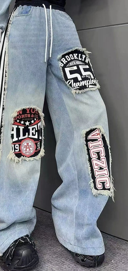 European Style Women's Jeans 2025 Autumn New Heavy-Duty Distressed Frayed Edge Letter Print Drawstring Long Pants Jeans Woman