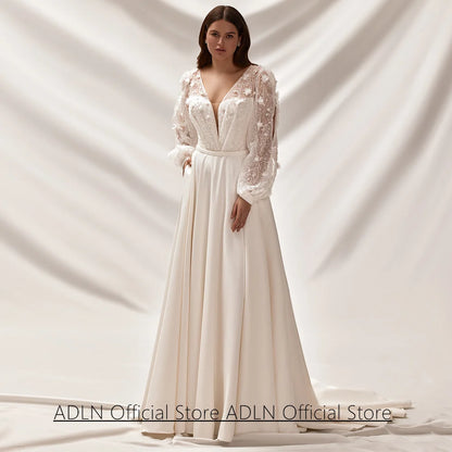 Plus Size Wedding Dress for Bride Customized Deep V Neck Puff Sleeves Sequined Lace A Line Sweep Train Bridal Gowns