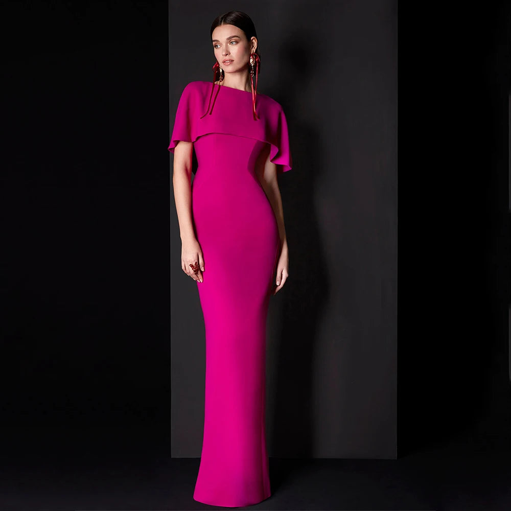 Wedding Guest Dresses for Women 2025 O Neck Cape Rose Red Formal Evening Gown Column Floor Length Mother of the Bride Dress Long
