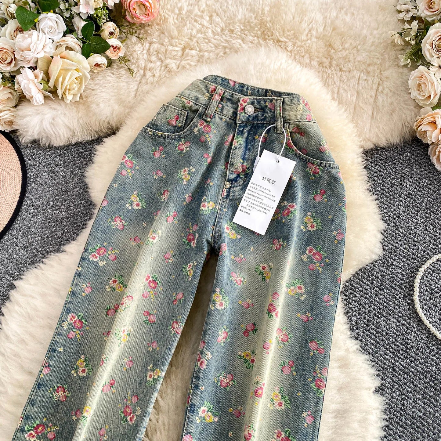 Women's Fashion Floral Print Denim Pants Colorful Flower Wide Leg Trousers Female Spring Autumn Versatile High Waist Blue Jeans