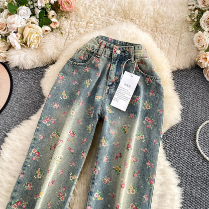 Women's Fashion Floral Print Denim Pants Colorful Flower Wide Leg Trousers Female Spring Autumn Versatile High Waist Blue Jeans