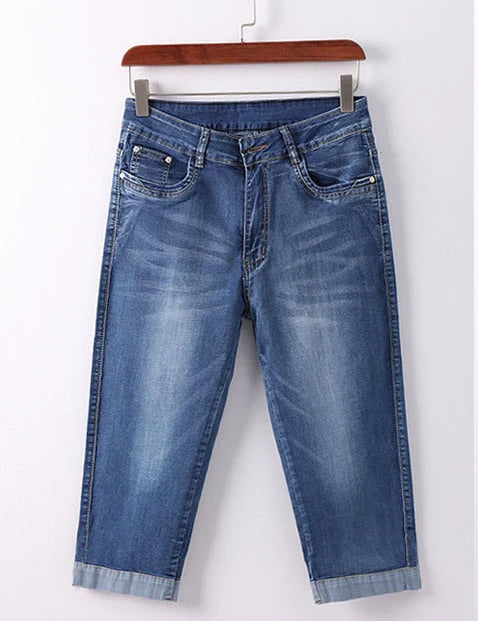 Summer Woman's Jeans Cropped Jeans Ladies Cropped Trousers Skinny Knee Length Jeans Women Elastic High Waist Mom Jeans Oversize