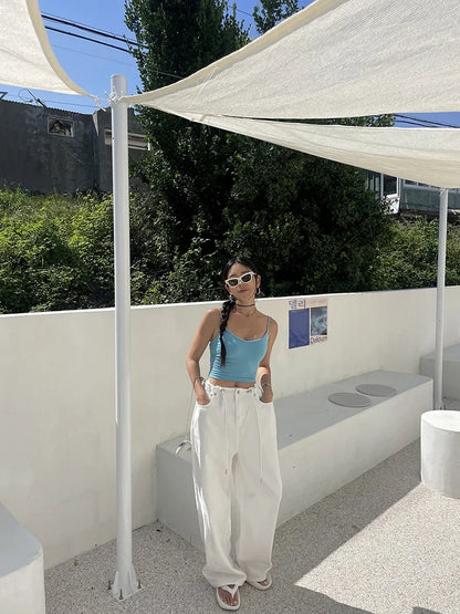 Korean Ins Retro Versatile High Waist Women's Straight Leg Jeans Summer New Fashion Loose Drawstring Design Women Wide Leg Jeans