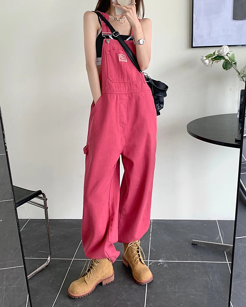 jeans womens 2025 Summer Style loose Girls Pink wide leg trousers jumpsuit korean casual denim overalls womens