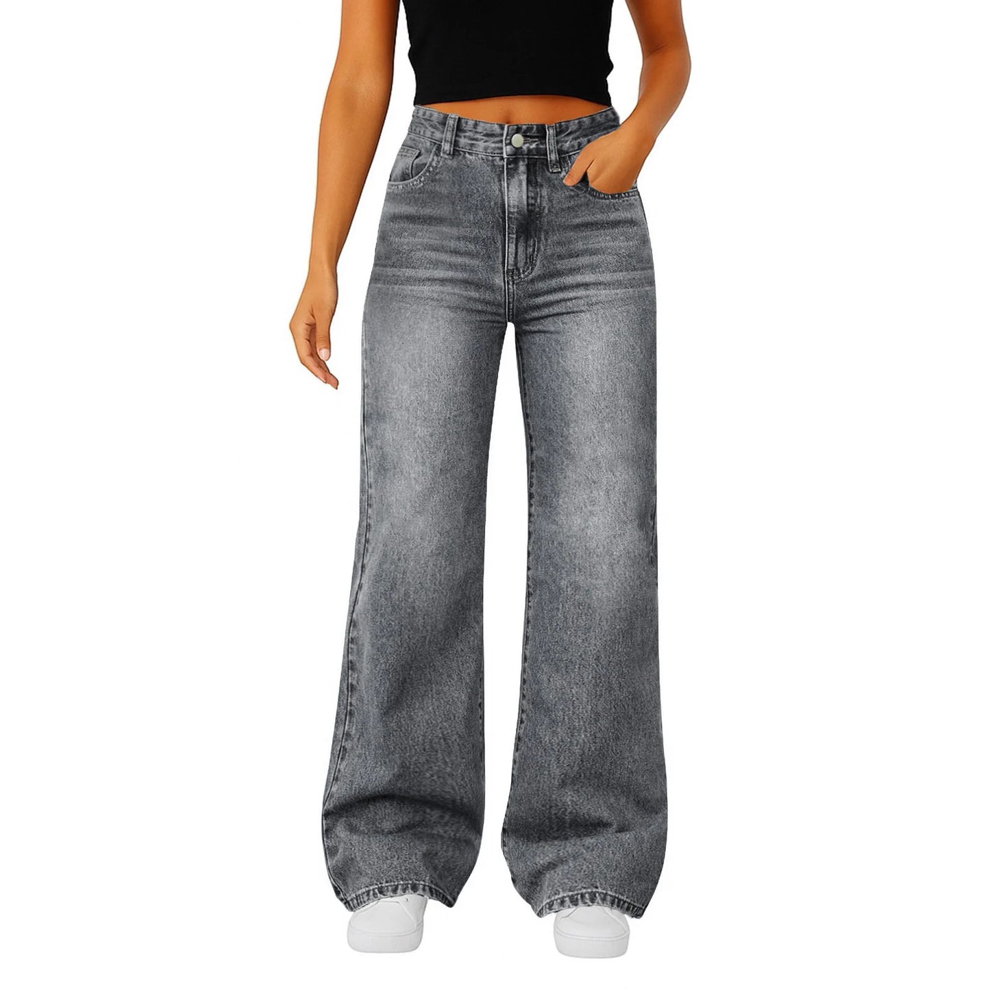 Women Fashion Popular Denim Trousers Minimalist Solid Color Straight Jeans Female Soft Comfortable Daily Office Leisure Pants