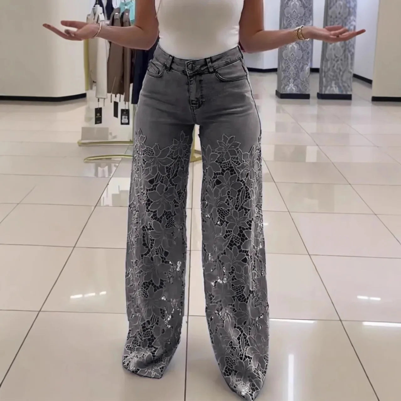 Fashion Elegant Jeans for Women High Waist Lace Patchwork Pantalones Hollow Out Oversized Spring Casual Loose All Match Pants