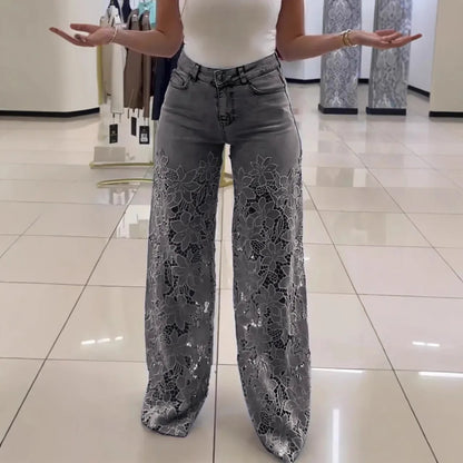 Fashion Elegant Jeans for Women High Waist Lace Patchwork Pantalones Hollow Out Oversized Spring Casual Loose All Match Pants
