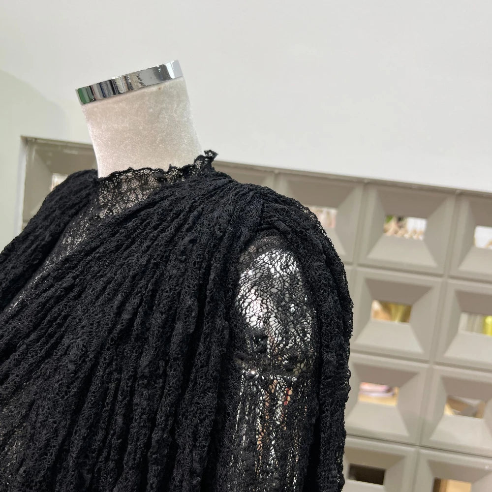 Chic Sheer Three Pieces Mini Dresses For Women Sexy O Neck Long Sleeve Tops Shorts Celebrity See Through Birthday Luxury Outfit