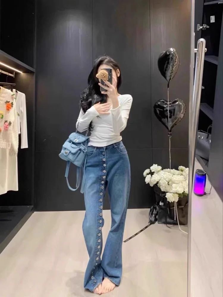 New Fashion Retro Design Multi Button Jeans For Women Slim High Waisted Straight Leg Wide Leg Pants