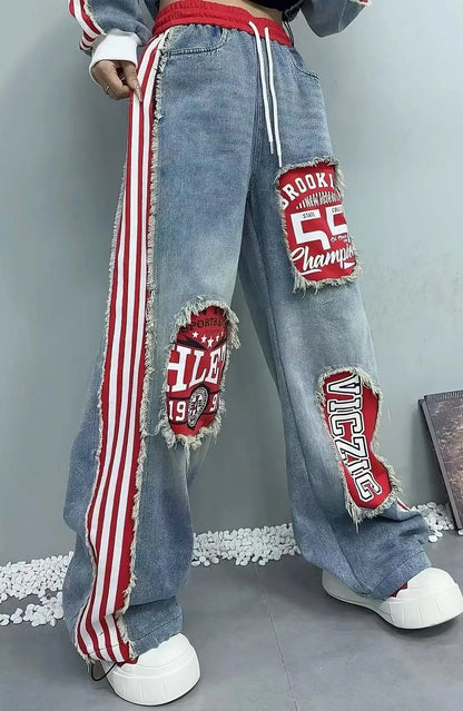 European Style Women's Jeans 2025 Autumn New Heavy-Duty Distressed Frayed Edge Letter Print Drawstring Long Pants Jeans Woman