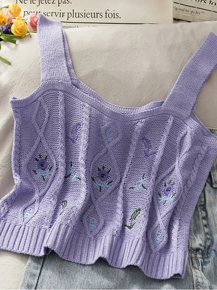 ITOOLIN Women Flower Embroidery Crop Tops Knitted Casual Tube Tops Casual Ribbed Cute Tops Women Summer Cute Crop Tops 2024