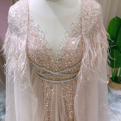 Sharon Said Dubai Luxury Silver Grey Evening Dresses with Feather Cape Shawl Arabic Women Wedding Party Formal Prom Dress SS147